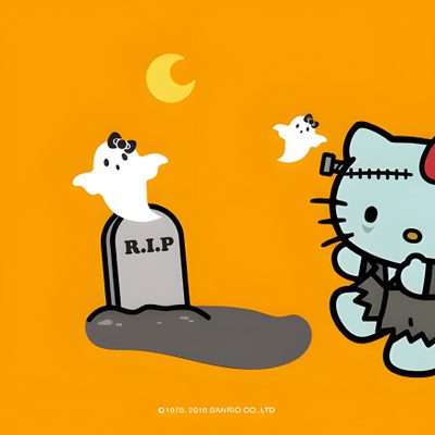 hello kitty and ghost in graveyard with orange background Hello Kitty And Friends Halloween Gif Halloween Hello Kitty Gif, Cute Halloween Discord Banner Gif, Hello Kitty Halloween Gif, orange
