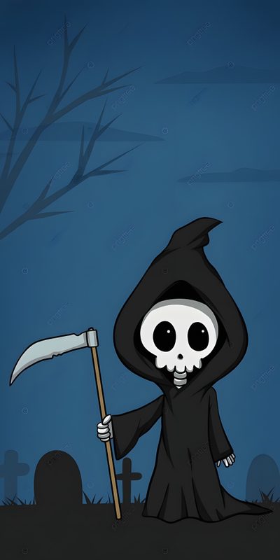 a cartoon skeleton in a black robe holding a sculler and standing on the ground Cartoon Halloween Grim, Grim Reaper Aesthetic Cartoon, Grim Reaper Cartoon, Reaper Etsy, dark slate gray