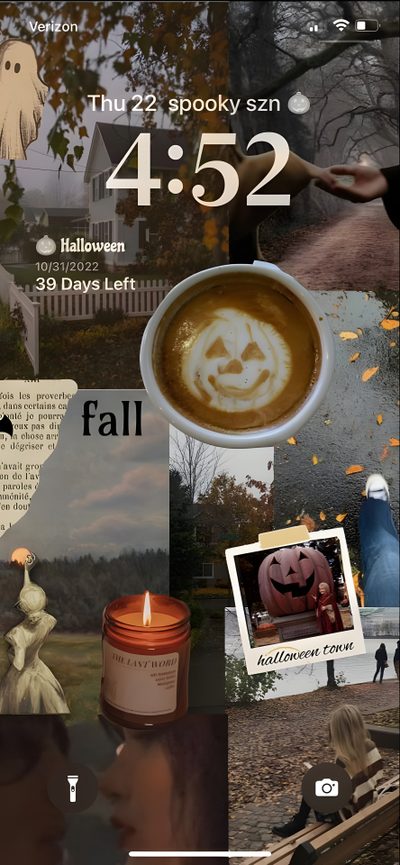 a collage of photos with pumpkins, candles and people in the background that says happy halloween Halloween Ios 16 Fall Ios Aesthetic, Autumn Lock Screen, Aesthetic Fall Lockscreen, dark olive green