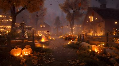 a halloween scene with pumpkins lit up in the yard and on the street, Halloween Theme Halloween Ipad Aesthetic, Aesthetic Halloween Laptop, Halloween Backgrounds Aesthetic, saddle brown