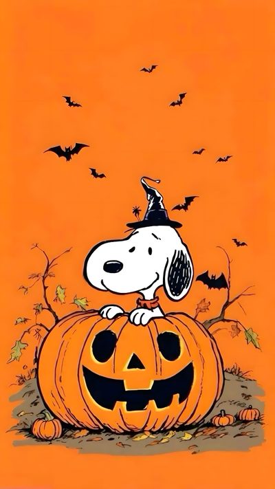 a cartoon dog sitting on top of a pumpkin Happy Halloween Charlie Snoopy And Woodstock Fall, Cute Halloween Snoopy, Snoopy Pumpkin, dark orange