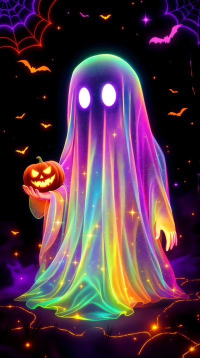 a glowing ghost with two pumpkins in it's hands Glowing Neon Halloween Spooky Neon Halloween, Neon Ghost, Betty Boop, Ghost Images, Neon Spooky, black