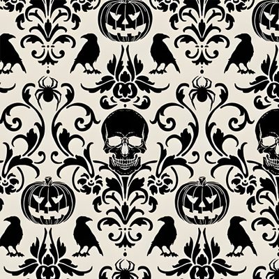 a black and white pattern with skulls, pumpkins and birds Damask Halloween Halloween Texture, Unique Birthday Ideas, Holiday Banner, Modern Textiles, light gray