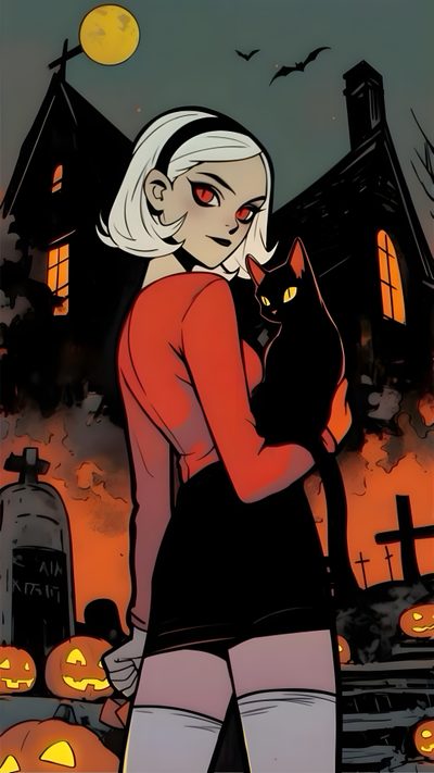 a woman holding a black cat in front of a house with pumpkins on it Halloween Pinup Art Sabrina Fanart, Sabrina The Teenage Witch Art, Black Cat Witch Drawing, dark olive green