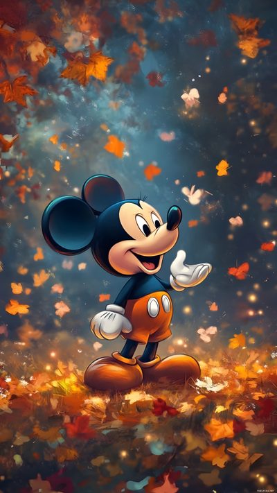 mickey mouse in the fall leaves with his arms out and eyes closed, as if he is Mickey Mouse Halloween 4k Mickey Mouse Background, Walt Disney Cartoons, Mickey Mouse Wall, dark slate gray