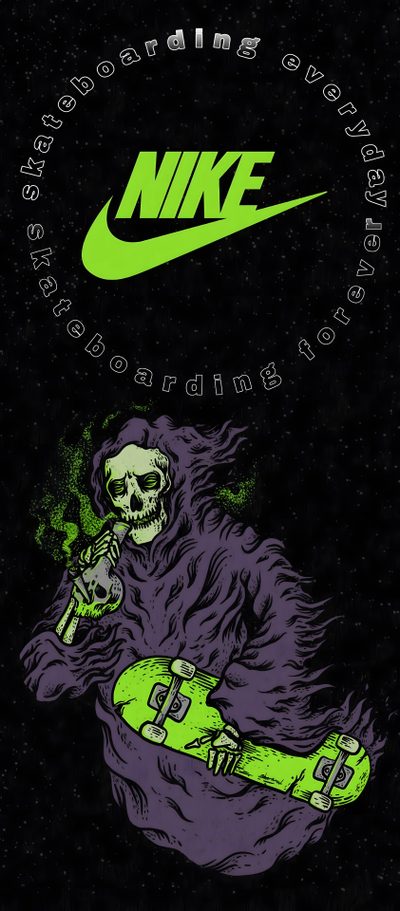 an image of a skeleton holding a skateboard with the nike logo in the background Halloween Nike Sick Nike, Nike Brand, Nike Skull, Halloween Nike, Nike Astronaut, Nike Grim Reaper, black