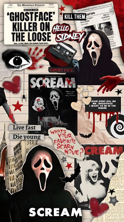 the scream movie poster is shown with many different images and words, including an image of a Halloween Aesthetic Scream Classic Horror Movies Posters, Halloween Iphone Backgrounds, Scream Halloween, dim gray