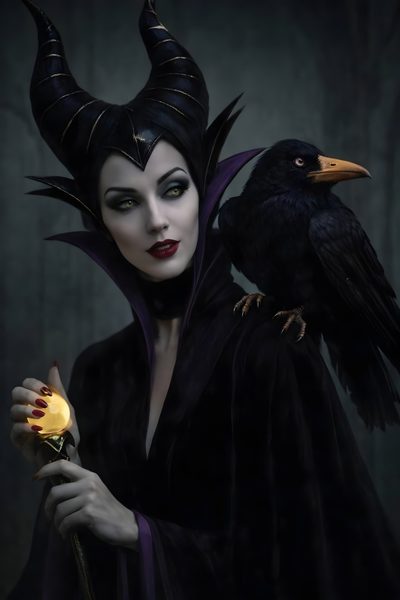 a woman with horns holding a flower and a crow on her shoulder, in front of a dark background Maleficent Halloween Maleficent Cosplay, Evil Princess, Tasmanian Devil Looney Tunes, black