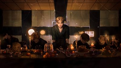a group of people sitting around a table with candles Stray Kids Halloween Laptop Skz Halloween Laptop, Stray Kids Background Pc, Stray Kids Pc Aesthetic, black