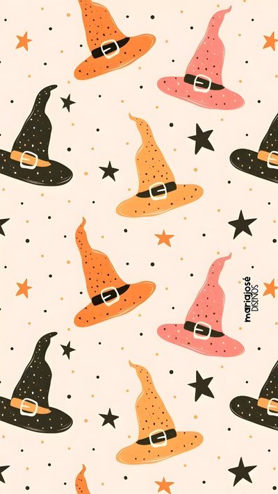 a pattern with witches hats and stars on the background is shown in pink, orange, and black Halloween Witch Hat Cute Halloween Backgrounds Aesthetic, Cute Backgrounds Halloween, Cute Halloween Iphone, linen
