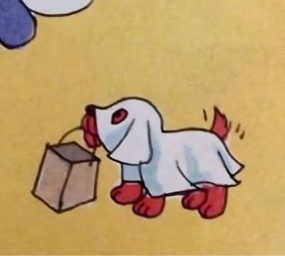 a cartoon dog carrying a shopping bag in it's mouth and looking at the ground Clifford Halloween You Are My Moon, Very Important Person, Shandy, Florence Welch, Red Dog, dark khaki