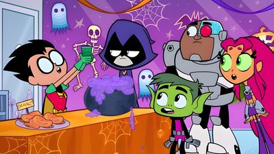 cartoon characters standing around a table with halloween decorations Cartoon Network Halloween Halloween Cartoon Episode, Cartoon Halloween Episodes, Teen Titans Go Halloween Spirit, gray