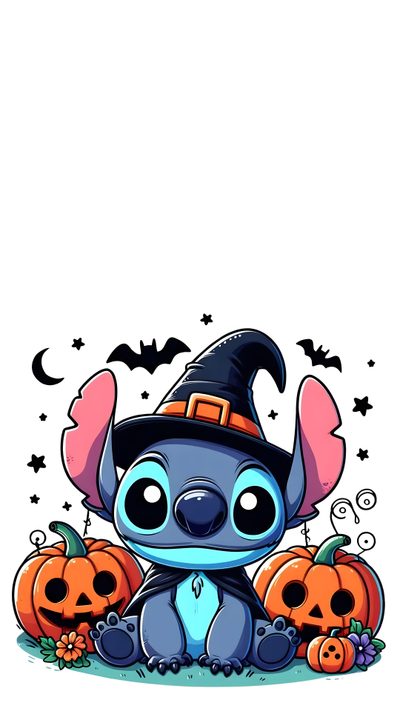 a cartoon character sitting in front of pumpkins and jack - o'- lanterns Cute Stitch Halloween Lilo Y Stitch Halloween, Stitch Fall Background, Stitch Fall, white