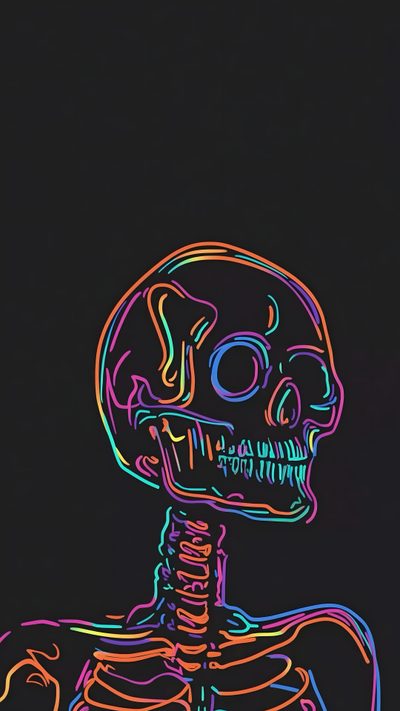 a neon skeleton sitting in the dark with its head turned to look like it is looking down Neon Aesthetic Halloween Skeleton Art Simple, Rainbow Skeleton, Skeleton Graphic, Neon Skeleton Drawing, black