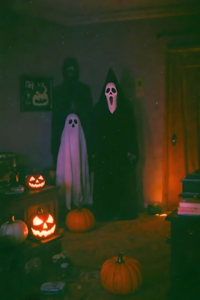 three people in halloween costumes standing next to pumpkins Vintage 90s Halloween 90s Aesthetic Halloween, Halloween 1990, Old School Halloween Aesthetic, dark slate gray