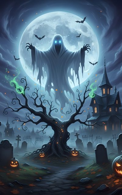 an illustration of a creepy ghost standing in front of a graveyard with pumpkins and bats Halloween For Boys Halloween Graveyard, Halloween Scary Backgrounds, Halloween Flying Monster, dark slate blue
