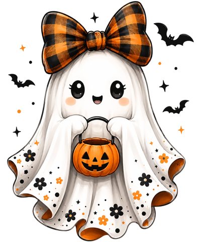 a cartoon ghost with a pumpkin in its mouth and a bow on it's head Halloween Clipart Ghost Cute, Ghost Png, Diy Halloween Shirts, Watercolor Leopard Print, snow
