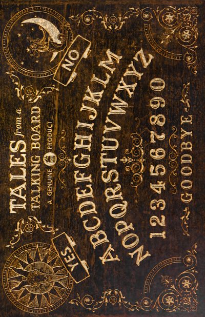 an old book with writing on it and some other things in the back ground, Halloween Ouija Board Yellow Ouija Board Design, Ouija Yellow Custom, Gold Ouija Board Tattoo, dark olive green