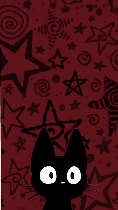 a black cat sitting in front of a red background with stars and swirls on it Red Halloween Aesthetic Cute Red Phone, Color Red And Black, Grunge Iphone Vintage, maroon