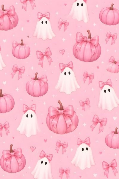a pink and white halloween themed background with pumpkins, ghost faces, and bows Pink Fall Halloween Cute Fall Backgrounds, Fall Background, Pink,