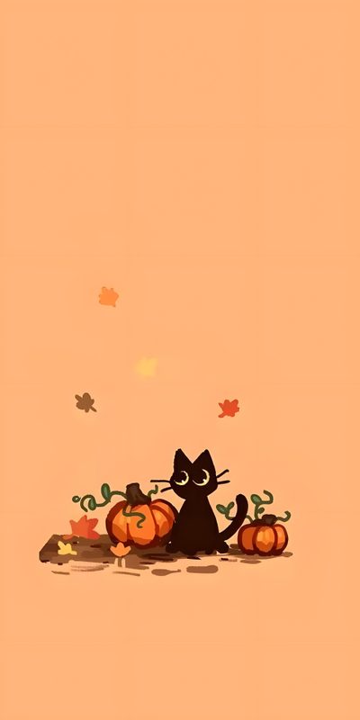 a black cat sitting on top of pumpkins in front of an orange sky with falling leaves Cute Halloween Black Cat Søte Tegninger, Halloween, Autumn Phone, Halloween Iphone Backgrounds, light salmon