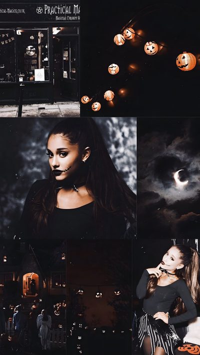 a collage of photos with pumpkins in the background Ariana Grande Halloween Ariana Grande Jack Skellington, Aesthetic Halloween Tumblr, Halloween Tumblr, black