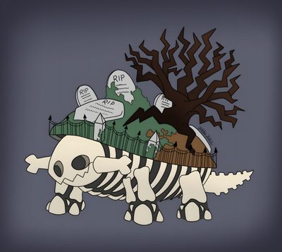 there is a skeleton that has been placed on top of a zebra Halloween Torterra Torterra Tattoo, Grass And Ghost Type Pokemon, Torterra Garden, Torterra Art, dim gray