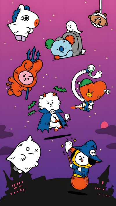 cartoon characters are flying through the air in front of an orange and purple sky with stars Bt21 Halloween Bt21 Pumpkin Painting, Bt21 Fall, Bt21 Thanksgiving, Bt21 Halloween, dark magenta