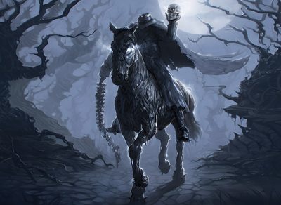 a man riding on the back of a horse in front of a moon filled sky Halloween Headless Horseman Dullahan 5e, Dnd Dullahan, Headless Horseman Dnd, Dullahan Head, dark slate gray
