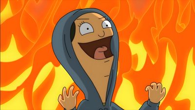 a cartoon character in front of a fire with his hands up and mouth wide open Bobs Burger Halloween Bob's Burgers, Bobs Burgers Quotes, Bobs Burgers Louise, Tina Belcher, dark orange