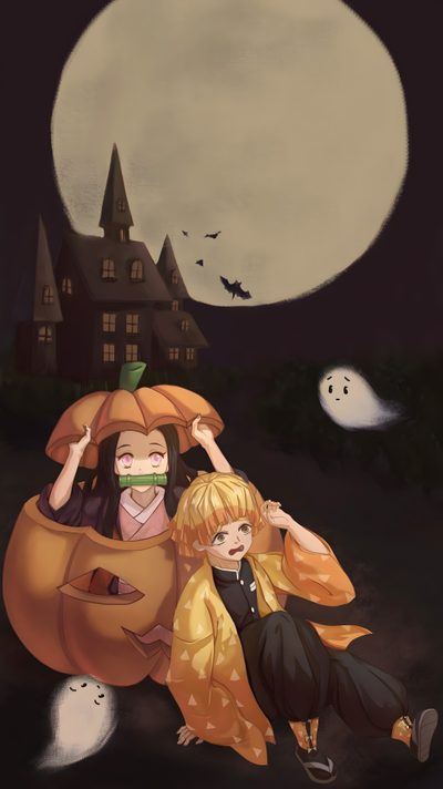 two children dressed up in halloween costumes sitting on a pumpkin with bats and ghost behind them Halloween Demon Slayer Demon Slayer Halloween Backgrounds, Demon Slayer Halloween, Halloween Demon Slayer, dark slate gray
