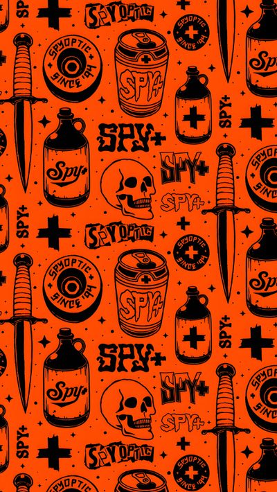 an orange and black background with various items for halloween decorations on it, including bottles, knives Halloween Orange And Black Orange Skull And Dagger Design, Tattoo Inspiration Ideas, Unique Phone Design, orange red