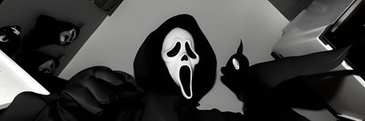 a person wearing a ghost mask and holding a knife Halloween Banner Scream Discord Banner, Ps2 Banner, Psn Background, Ghostface Header, Faceit, black