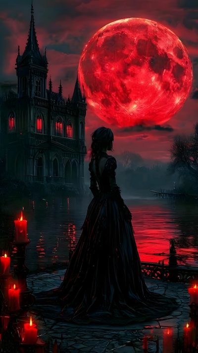 a woman standing in front of a red full moon with candles around her and an old castle on the other side Full Moon Halloween Vampire Pictures, Gothic Fantasy Art, Pretty Tumblr, Gothic, Kuching, Vampire Art, black
