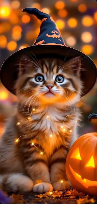 a kitten wearing a witches hat sitting next to a pumpkin Halloween Kittens Cute Dog And Cat Halloween, Cute Fall Kitten, Halloween Kitty, saddle brown