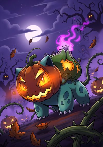 a cartoon cat with a pumpkin on it's back Halloween Bulbasaur Bulbasaur Halloween, Halloween Pokemon, Dark Pokémon, Pokemon Halloween, dark slate gray