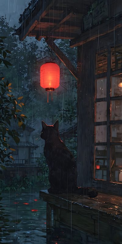 a cat sitting in the rain under a red lantern Japanese Halloween Alam, Gatos, Zermatt, Fantasy Art Landscapes, Cool Art, Cat, dark slate gray