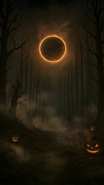 two pumpkins on the ground in front of a dark forest with a glowing moon Halloween Woods Halloween Background Video, Moon Halloween, Background Halloween, black