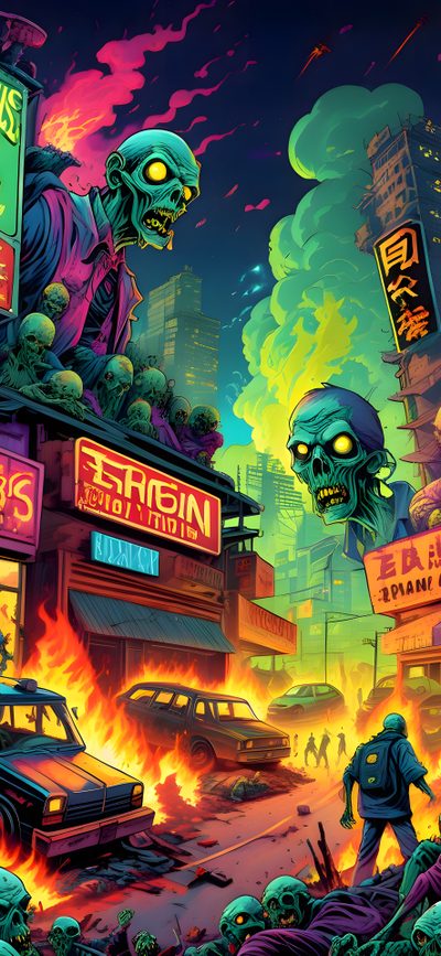 an image of a zombie city scene with cars and people on the street at night Halloween Zombie Gunship Colorful Zombie Art, Halloween Decoration Ideas, Post-apocalyptic Art Inspiration, dark slate gray