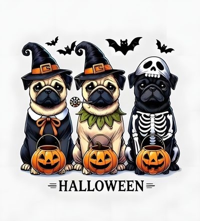 three pug dogs wearing halloween costumes sitting next to each other with bats and pumpkins Halloween Pug Iphone Pug Illustration, Dog Info, Pug Love, Rock Music, Happy Halloween, Halloween, lavender