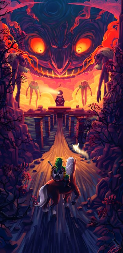 the legend of zelda poster is shown in purple and orange colors, with an image of Legend Of Zelda Halloween Ocarina Of Time Iphone, Ocarina Of Time, Majoras Mask Iphone, dark slate gray