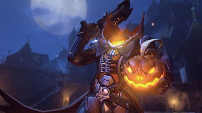 an image of a man dressed up as a demon with a pumpkin in his hand Overwatch Halloween Reaper Skins, Pumpkin Reaper, Halloween Reaper, dark slate gray