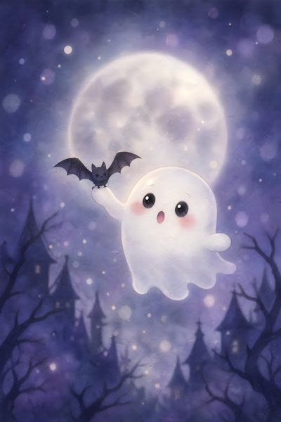 a painting of a ghost flying through the air with a bat in it's mouth Halloween Ghost For Nursery Night Sky Art, Childrens Room Art, Healing Arts, Baby Animal Prints, slate gray