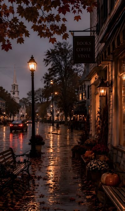 a city street at night with the lights on and leaves falling from the ground in front of it Halloween Ambience Autum Asthetic, Iphone Fall Aesthetic, Asthetic Fall Pics, black