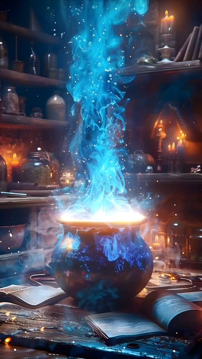 an image of a pot on fire in the middle of a room with lots of books Halloween Potion Magic Background Gif, Magic Cauldron, Magic Spell Gif, Healing Magic Gif, dark slate gray