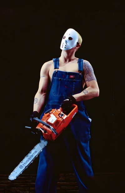 a man in overalls with a chainsaw on his shoulder and wearing a mask Eminem Halloween Eminem Jason Outfit, Eminem The Rapper Costume, Eminem Hockey Mask Outfit, black