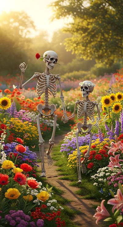 two skeletons walking through a flower garden with sunflowers and daisies in the foreground Halloween Skeletons Skeleton Love, Vintage Oddities, Funny Animals With Captions, Unusual Things, sienna