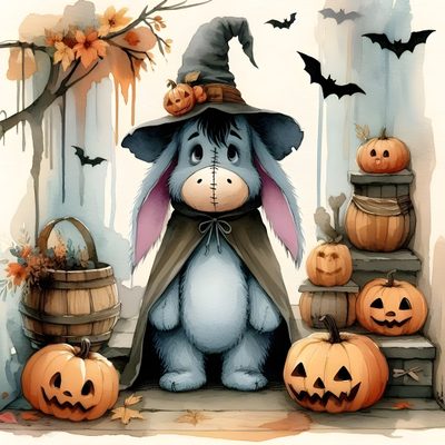 a painting of a bunny dressed as a witch surrounded by pumpkins Eeyore Halloween Autumn Halloween Decor, Cute Halloween Cartoon, Halloween Eeyore With Pumpkins, rosy brown