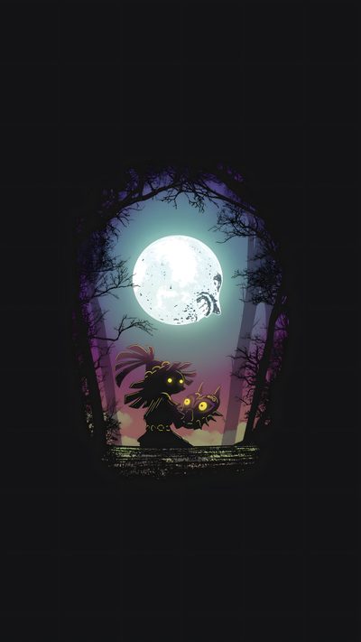 an image of a person standing in the woods at night with a full moon behind them Legend Of Zelda Halloween Ocarina Of Time, Zelda Majora Mask, Zelda Oled, Phone, Legend Of Zelda, black