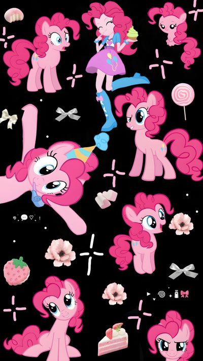 the pinkie pony is surrounded by other ponies and candy canes on a black background Pinkie Pie Halloween Lock Screen Lock Screen Pinkie Pie Iphone, Pinkies, My Little Pony Christmas Background, black